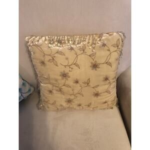 Elegant velvet embroidered throw pillow cream brown silver